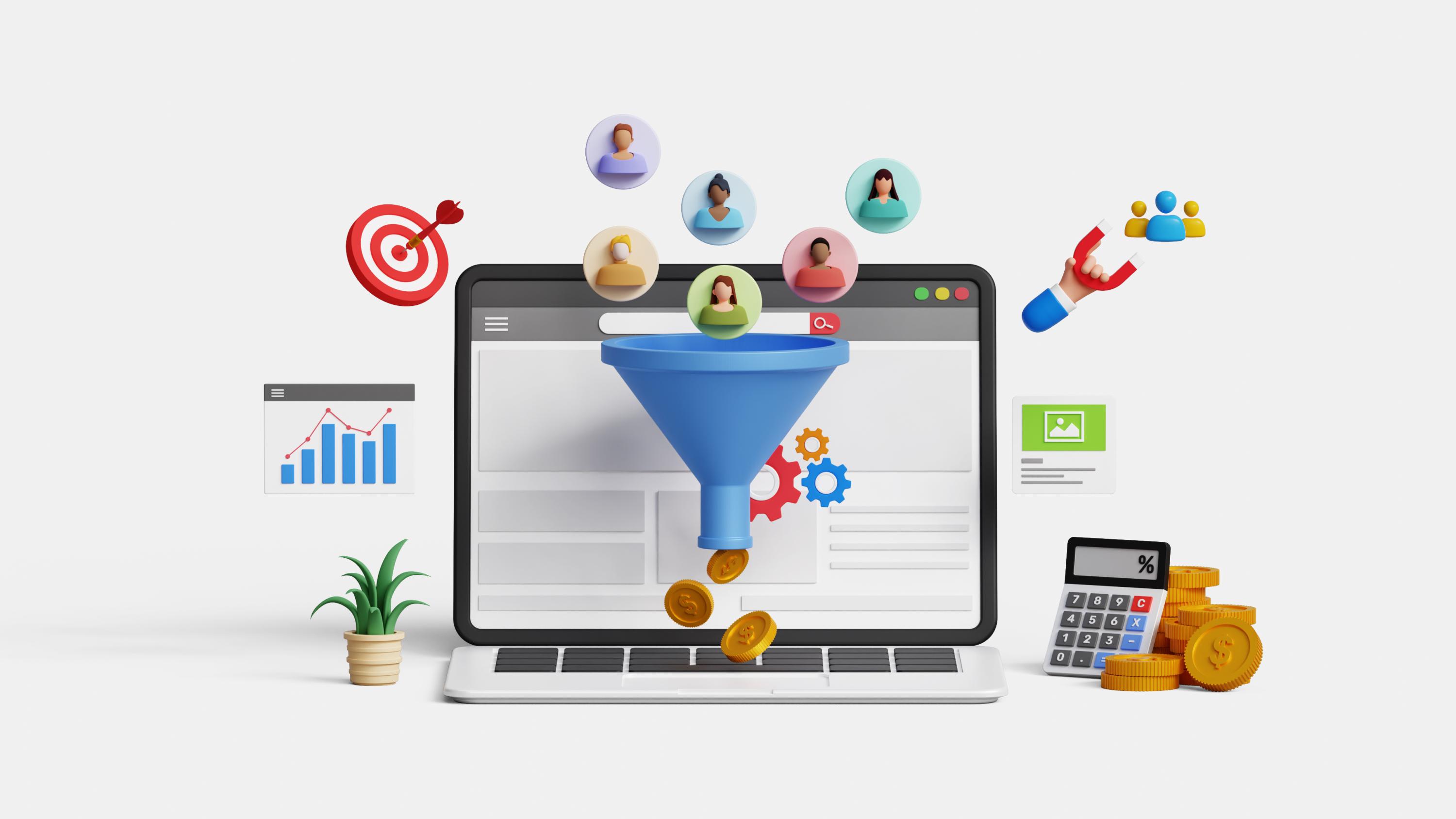 3D laptop with marketing funnel and lead generation icons