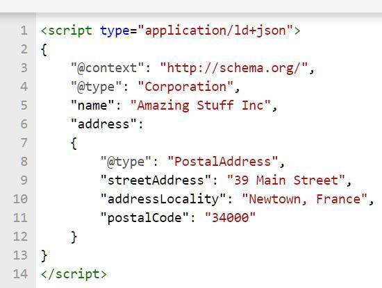 Screenshot of schema structured data code