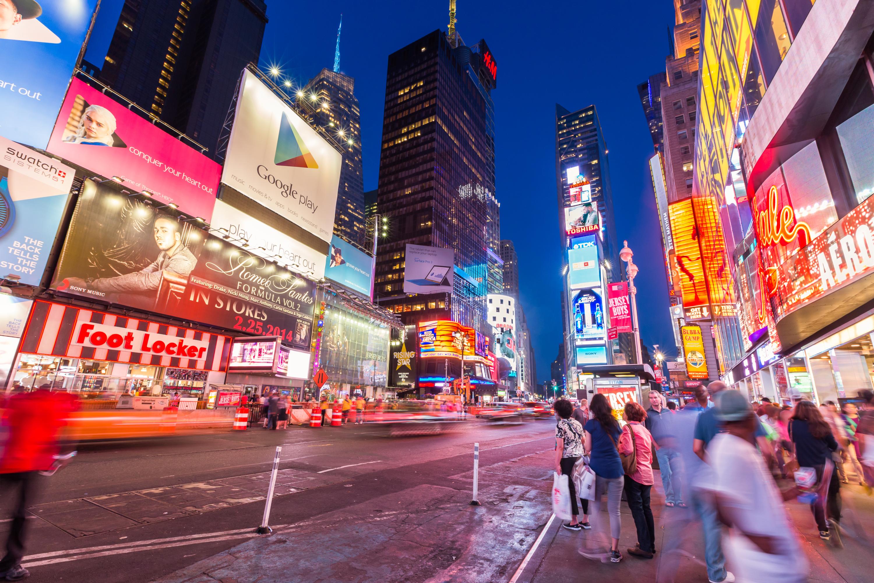Times Square and Broadway Theaters at night in New York City