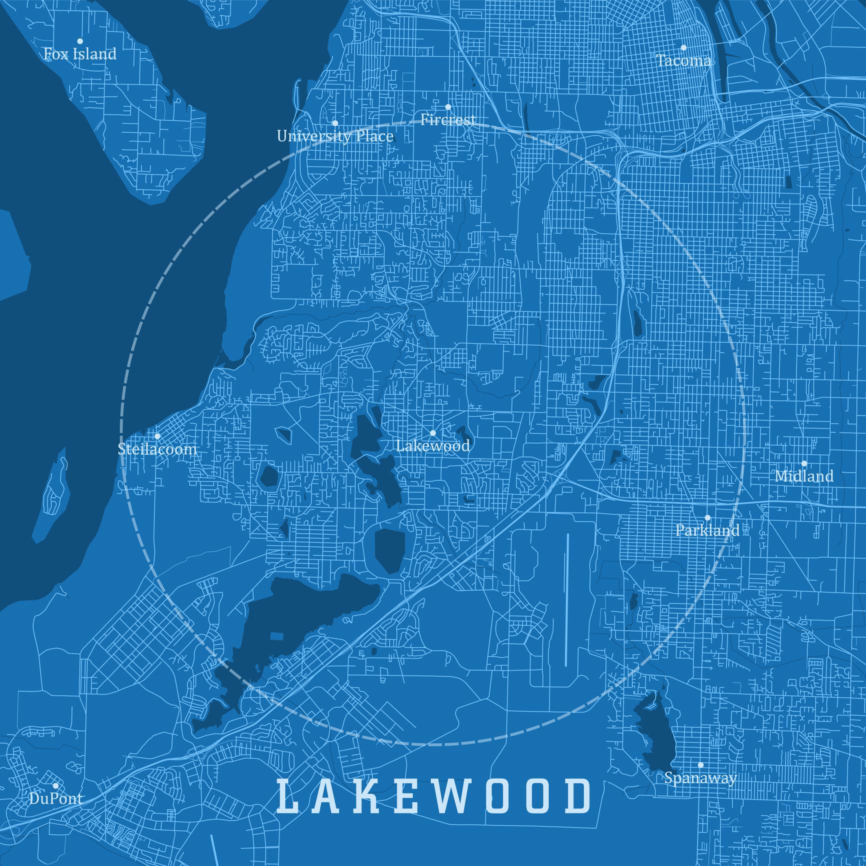 Blue map of Lakewood, WA and surrounding areas